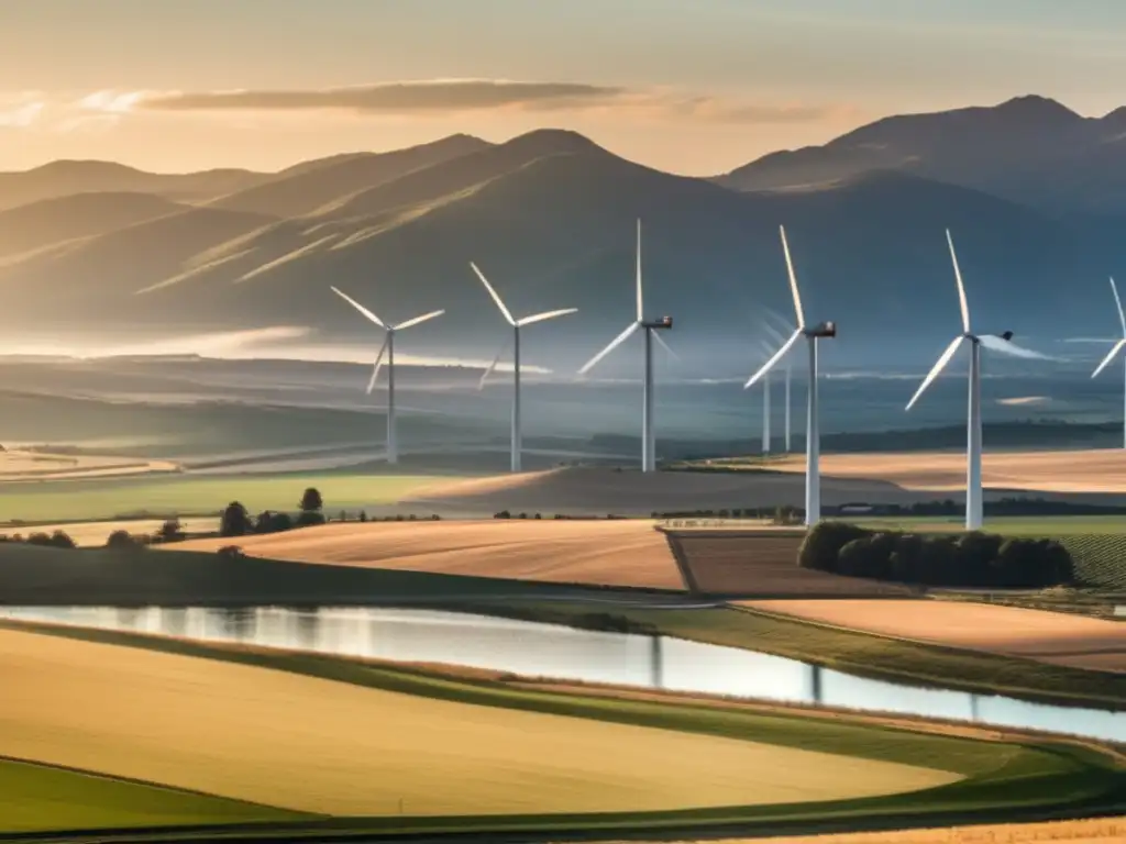 A serene image of a wind turbine farm set against the backdrop of mountains at sunset