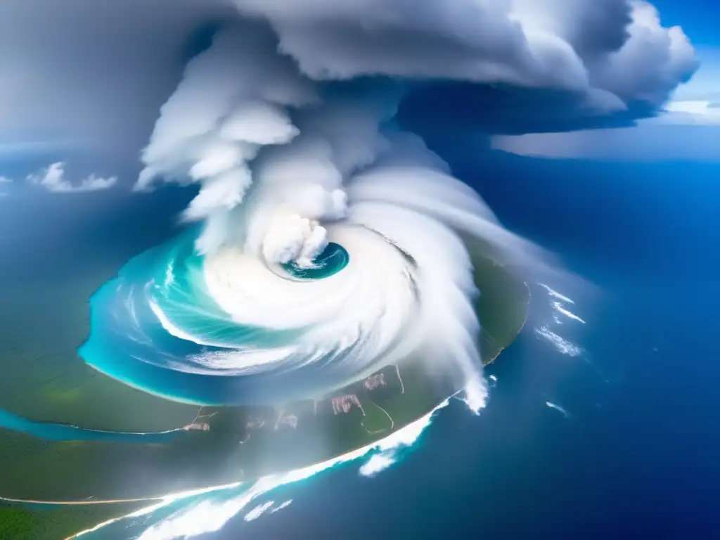 A breathtaking aerial view of Super Cyclone (2012) in heavy turbulence, ravaging a lush, verdant landscape with swirling mountain ridges and cerulean waters