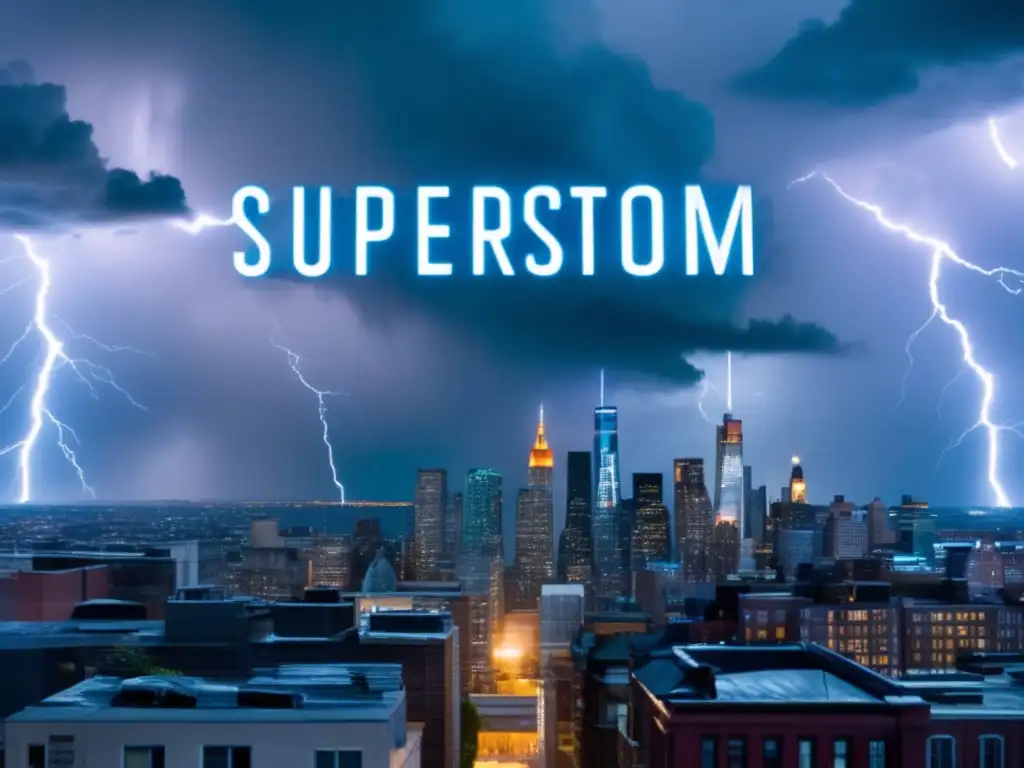 A towering city skyline engulfed in a superstorm, with hopes dwindling for those stranded in the chaos