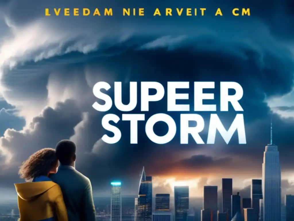 Superstorm: A Love Story' movie poster in the background, with a warm, muted color scheme and the lead actors in focus