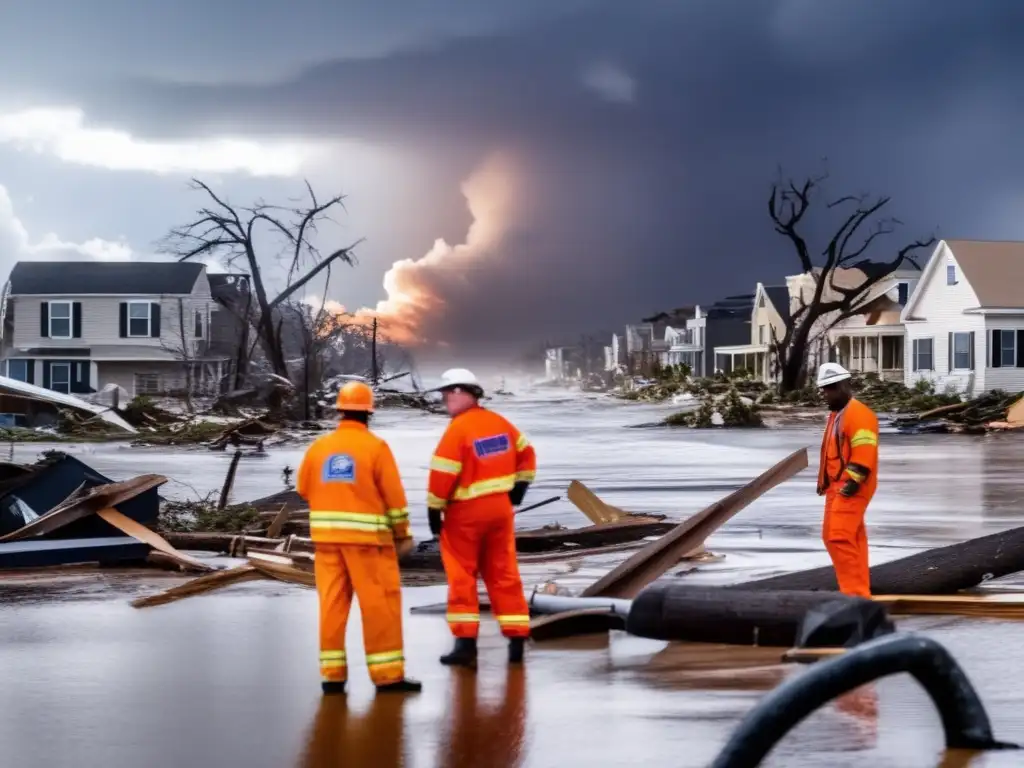 Devastating aftermath of Superstorm: panoramic view of shattered buildings, uprooted trees, flooded streets