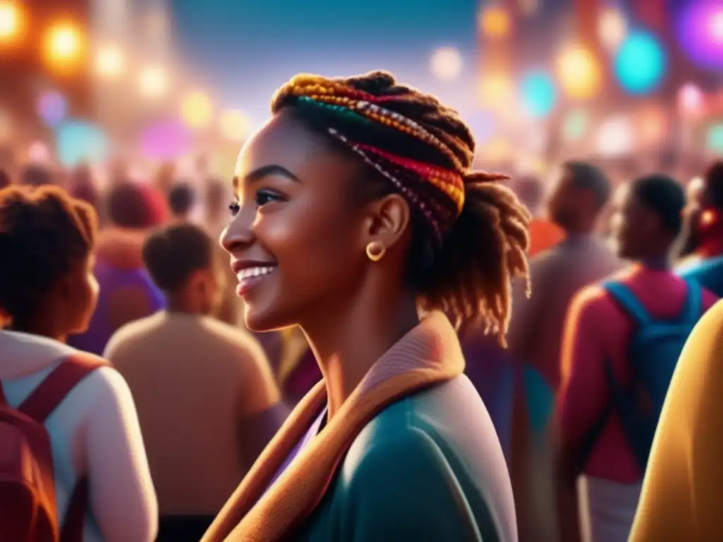 A heartwarming image of two people holding hands in a diverse and inclusive crowd, surrounded by colorful lighting and radiating joy and celebration