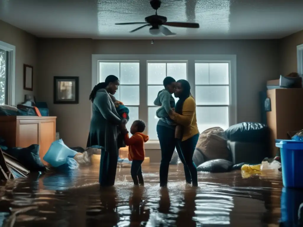 A family huddles close, hands intertwined, amidst water, debris and supplies, during a hurricane's torrential onslaught