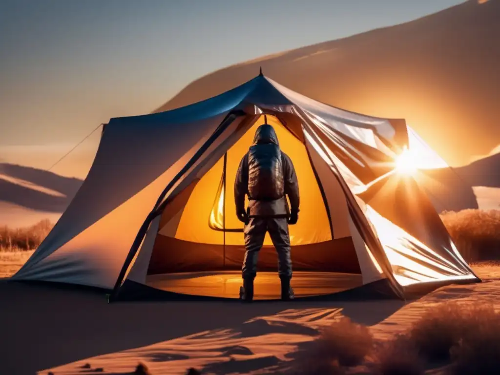 A determined figure in survival gear, tent glistening in the sunlight, reflects a glowing hope amidst rugged terrain