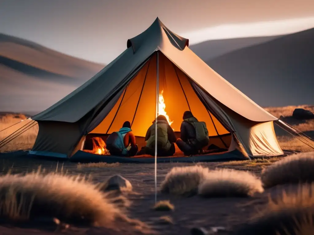 A group of adventurers huddles together in a reflective survival tent during a harsh winter