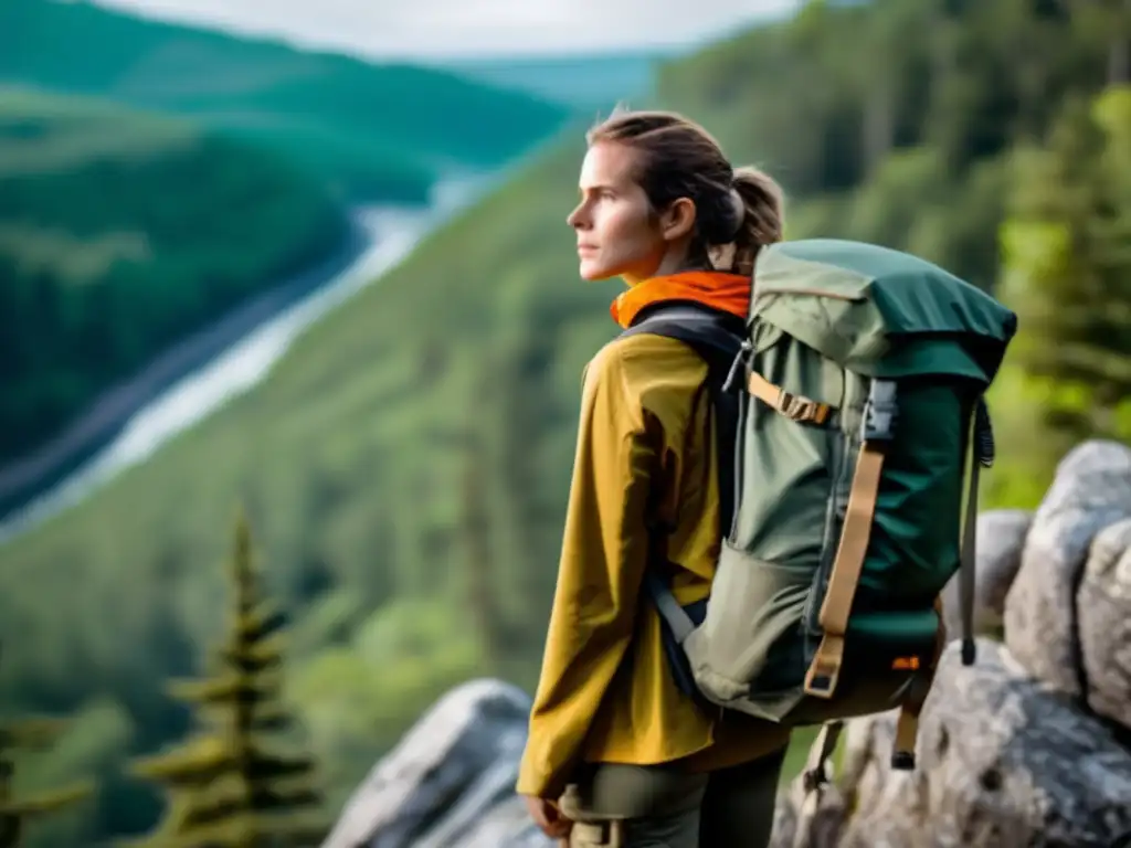 A determined woman standing atop a rocky cliff overlooking a dense forest, ready for any challenges with a backpack full of survival items