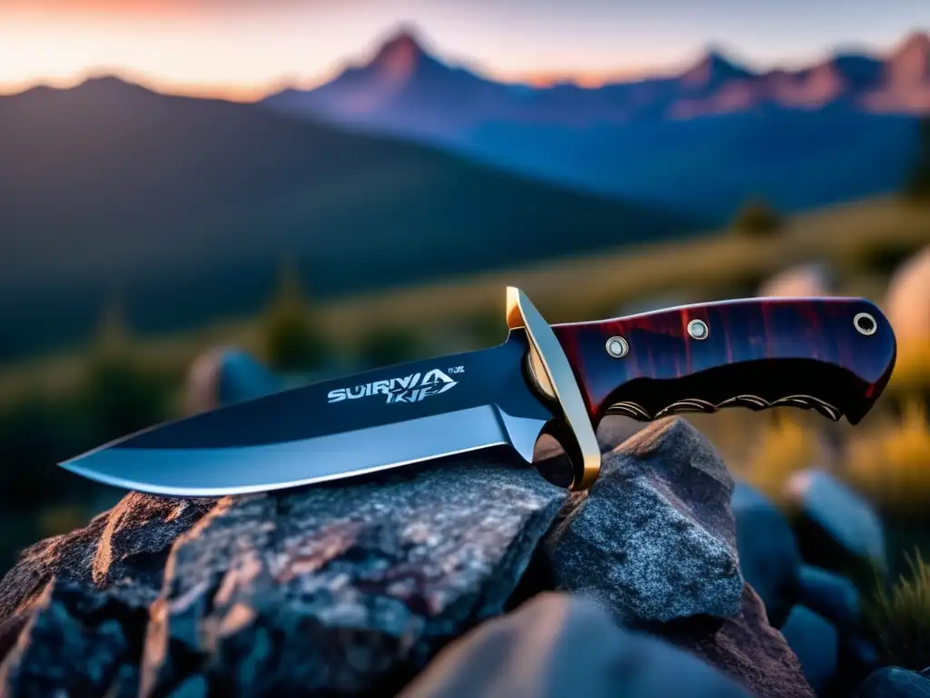 A stunning cinematic image of a survival knife resting on a rocky mountain landscape at sunset, with the blade glowing in the fading light