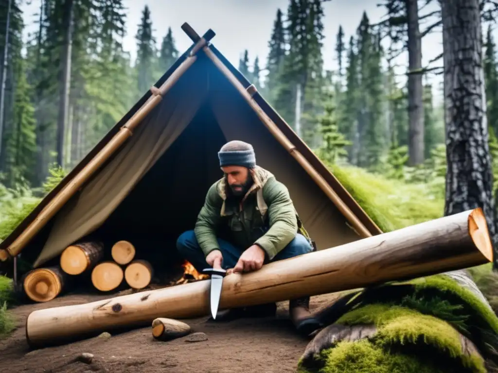 A person clad in rugged outdoor gear wields a survival knife, and expertly constructs a shelter during a wilderness adventure