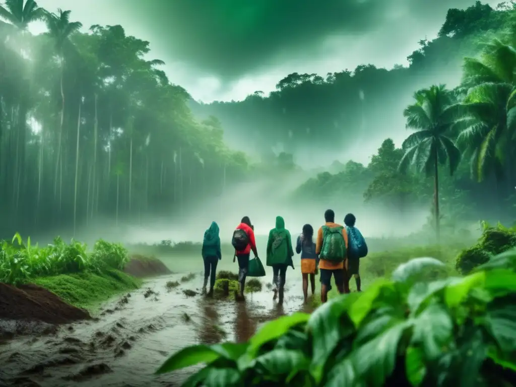 In the midst of a lush green forest, a sudden storm rages, forcing a group of people to prepare for survival by planting seeds in the ground