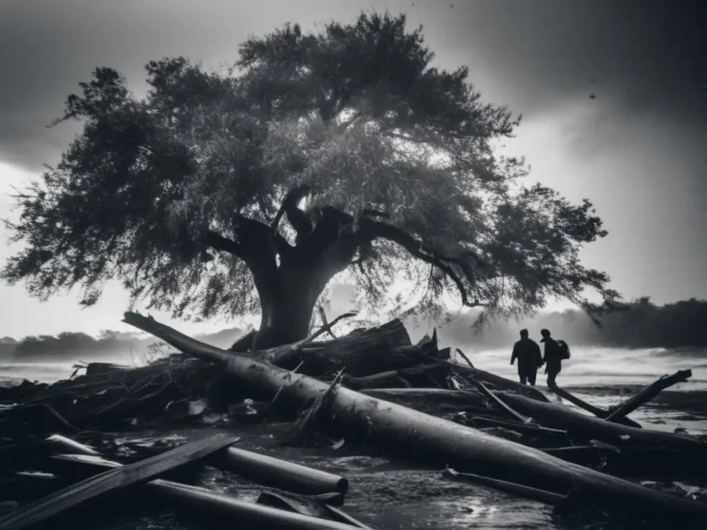Amidst the chaos of a hurricane, two men find shelter under a broken tree, surrounded by debris