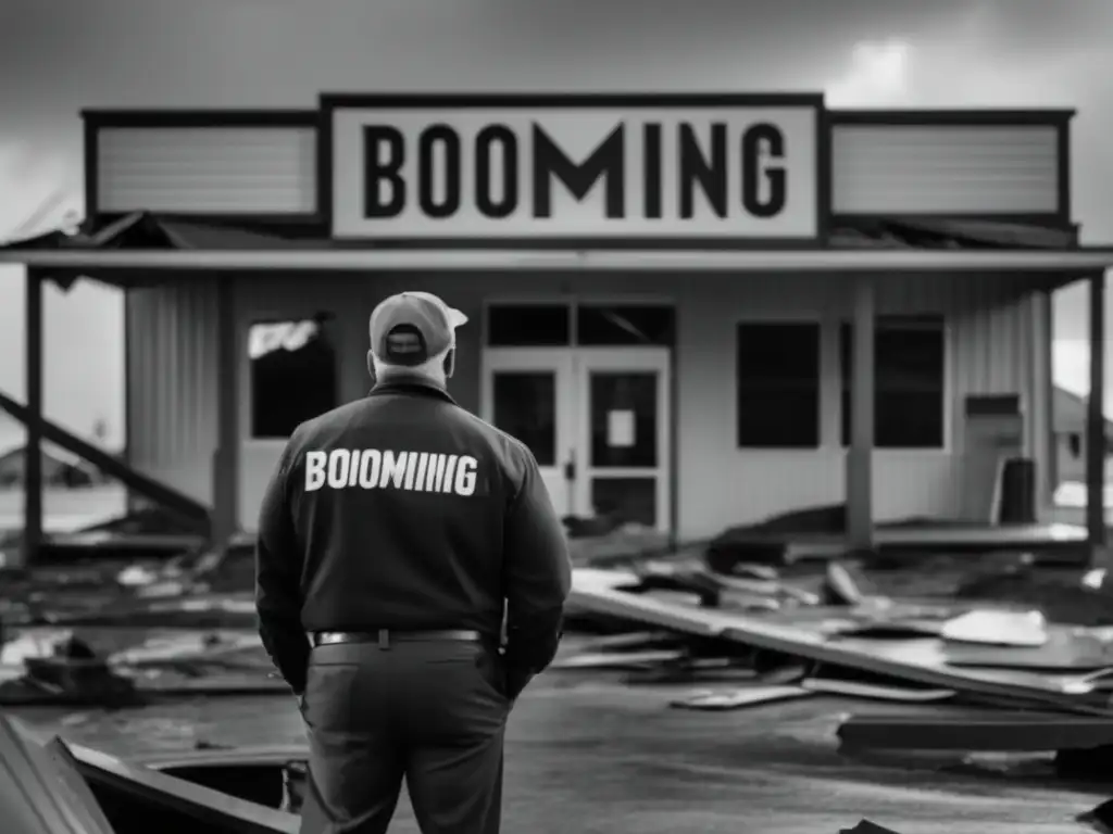 A stormy shot of a small business owner standing in front of their wrecked establishment, looking hopeful amidst devastation