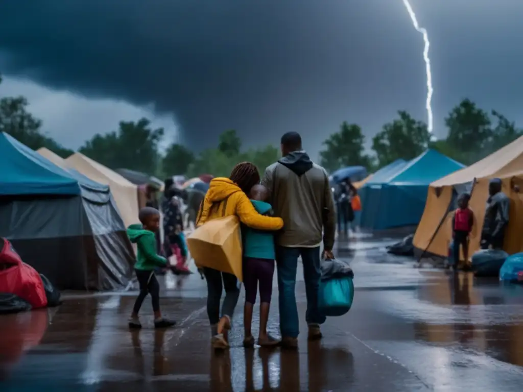 A poignant image of humans united in the face of adversity amidst a storm-ravaged neighborhood