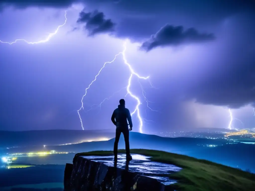 A person, standing on the edge of a cliff, silhouetted against a bright lightning bolt, captured in the chaos of a stormy sky