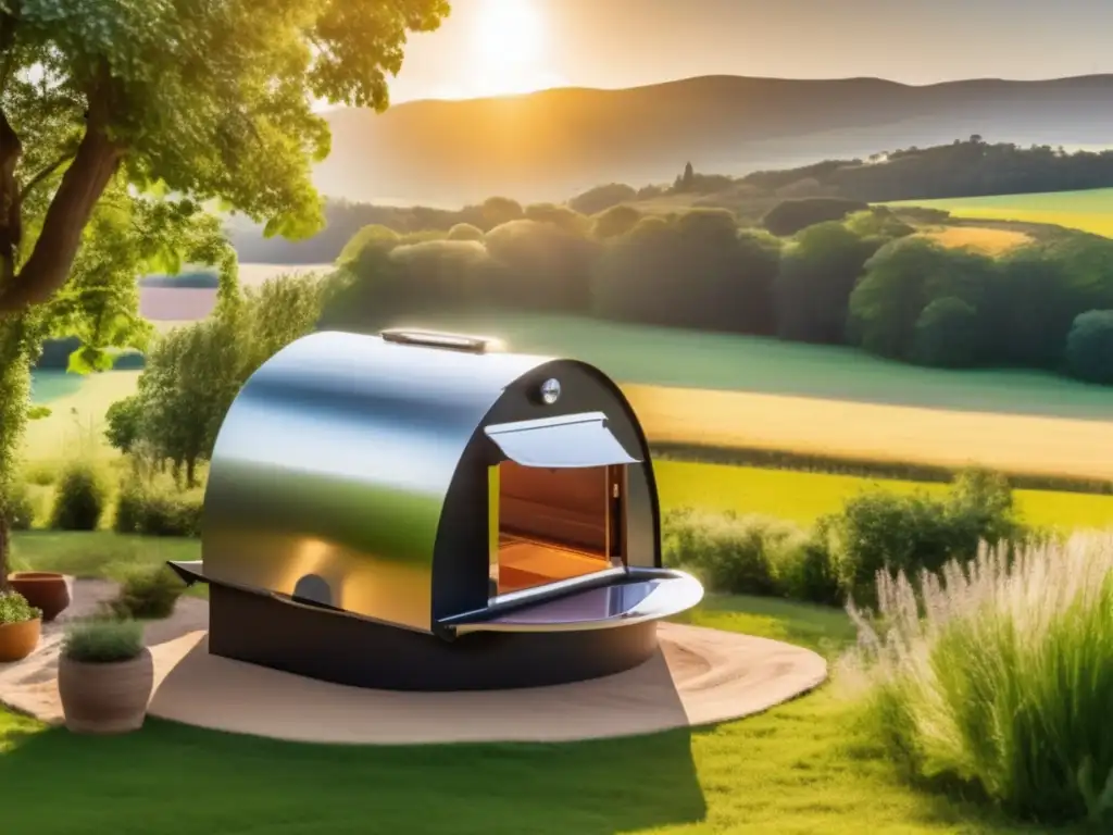 A solar oven, set up in an idyllic rural setting, with its domeshaped silhouette basking in the sunlight