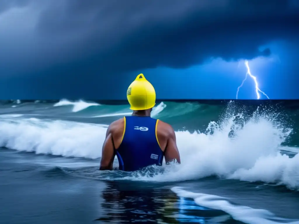 A swimmer bravely battles the storm, holding onto a buoy as lightning strikes the raging sea