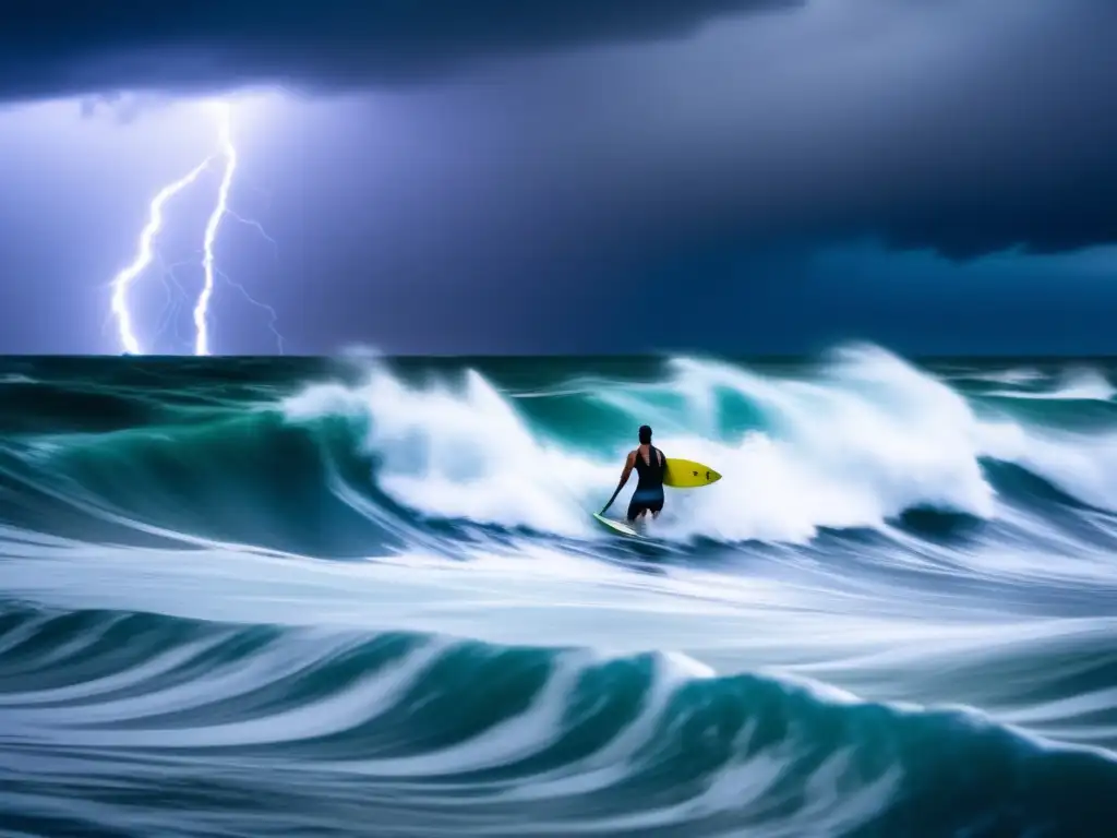 Amidst the turmoil of cascading waves and lightning strikes, a brave swimmer forges ahead, paddling in solitude through the tempestuous sea