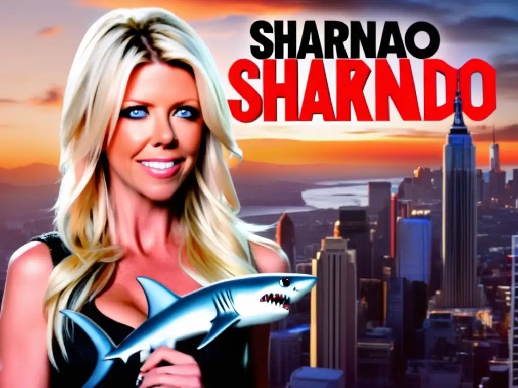 Tara Reid, lead actress of Sharknado: The 4th Awakens, holds a 3D model of the movie's signature shark with a wide-eyed expression