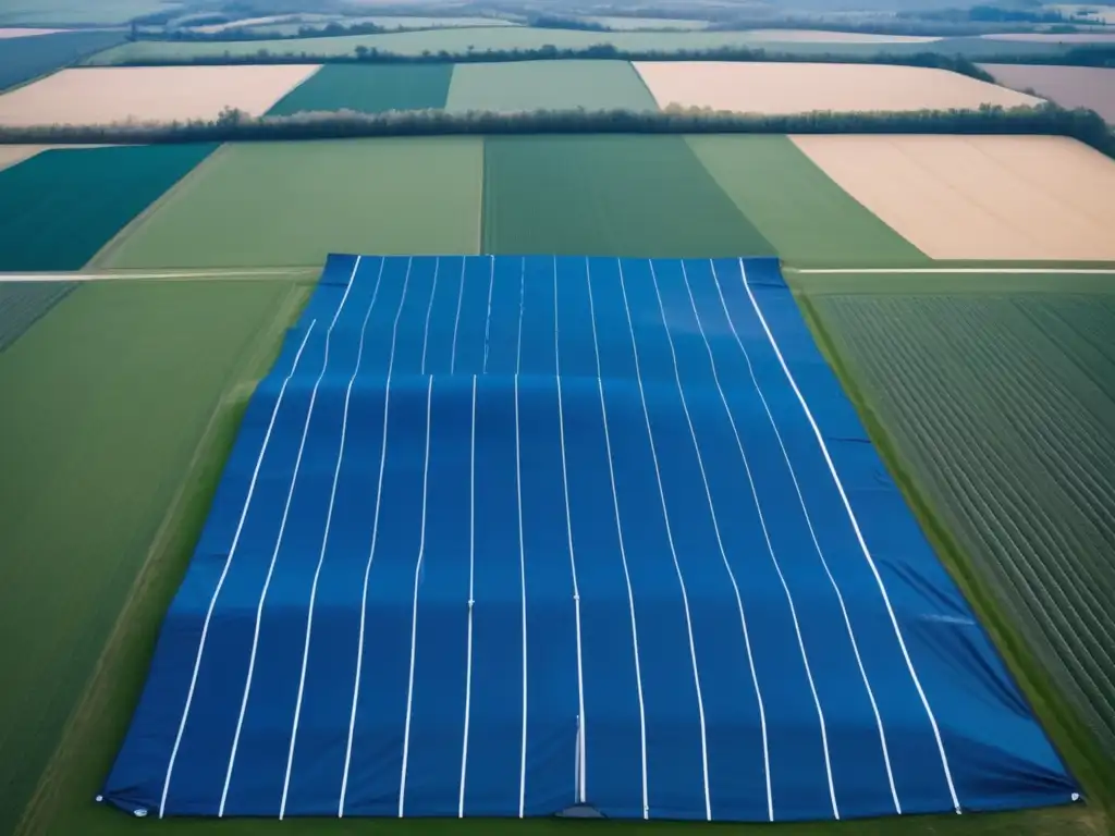 An expansive field, shielded by a sturdy blue tarpaulin cover with white reflective stripes, protects it from harsh weather conditions