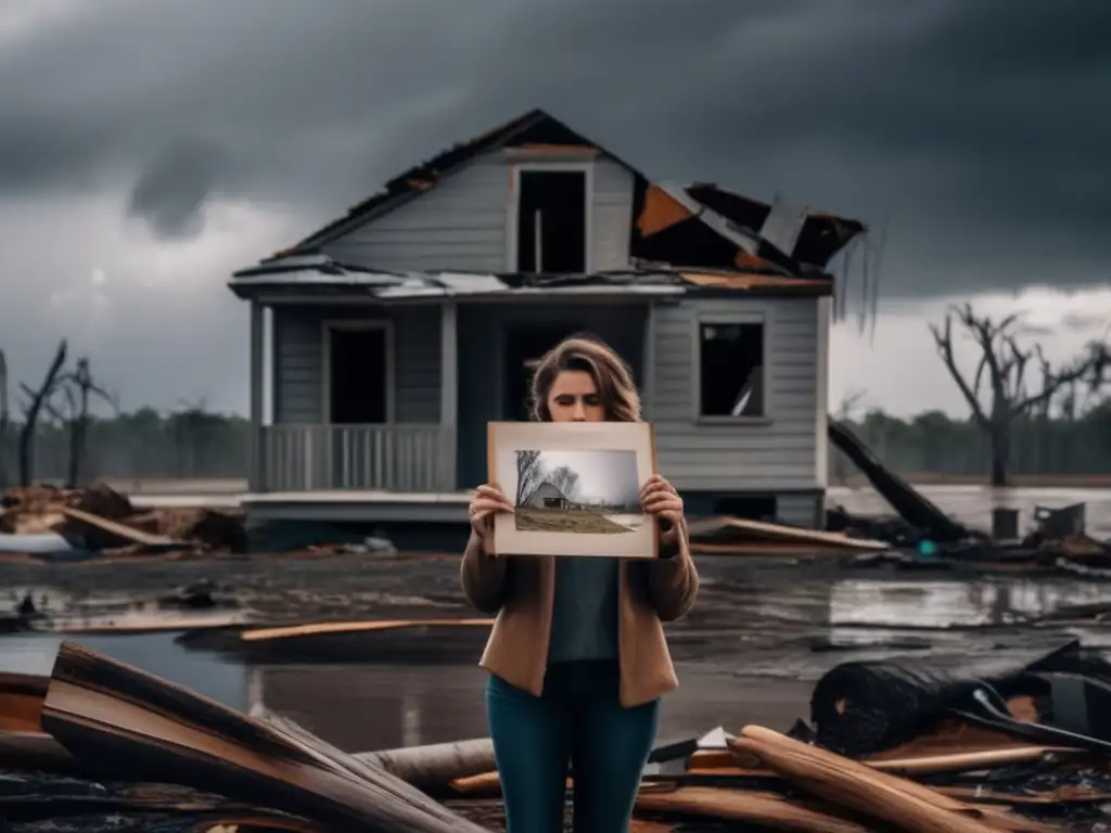 A poignant portrait of resilience: A woman stands amidst wreckage, tears streaming down her face as she clutches a faded photograph of her old home, forever etched in her memory