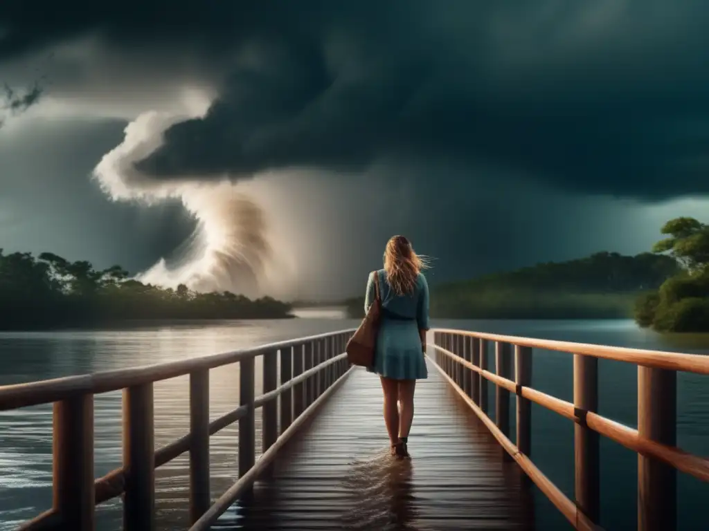 A woman reflects on loss as torrential rains fill her eyes, while a wooden bridge stands firm amidst the churning water