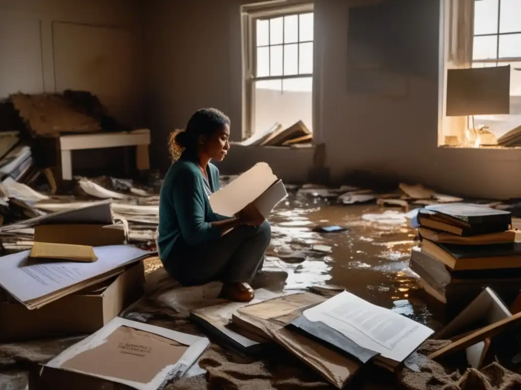 A heart wrenching scene of a woman surrounded by her flood-damaged belongings, holding a blank canvas and paintbrush, tears streaming down her face