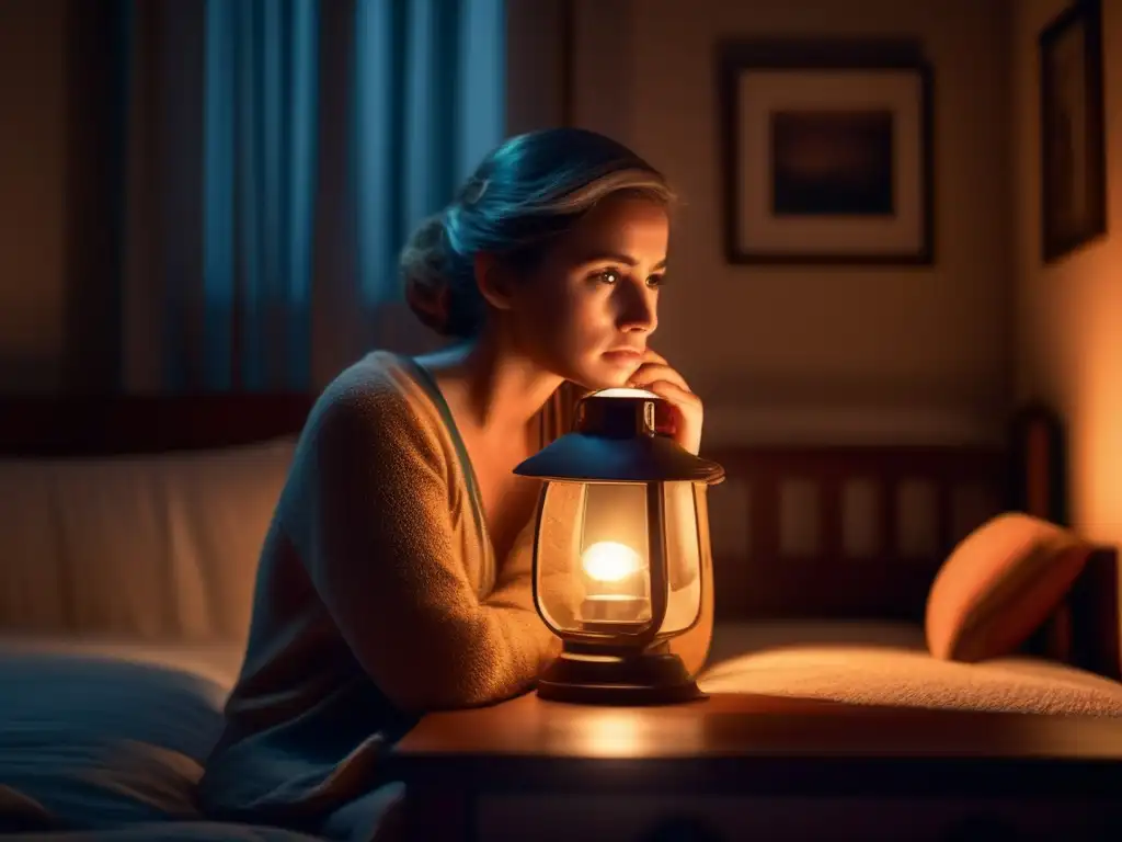 A tense and emotional scene of a young girl in her dimly-lit bedroom, eyes wide and fearful as a flickering hurricane lamp outside casts eerie shadows