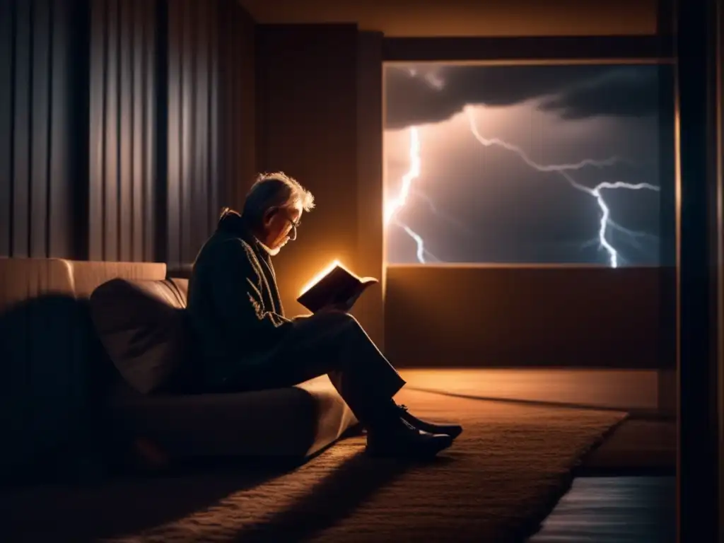 A lone child sits calmly in a dimly lit room, lost in thoughts, holding a book with a storm brewing outside