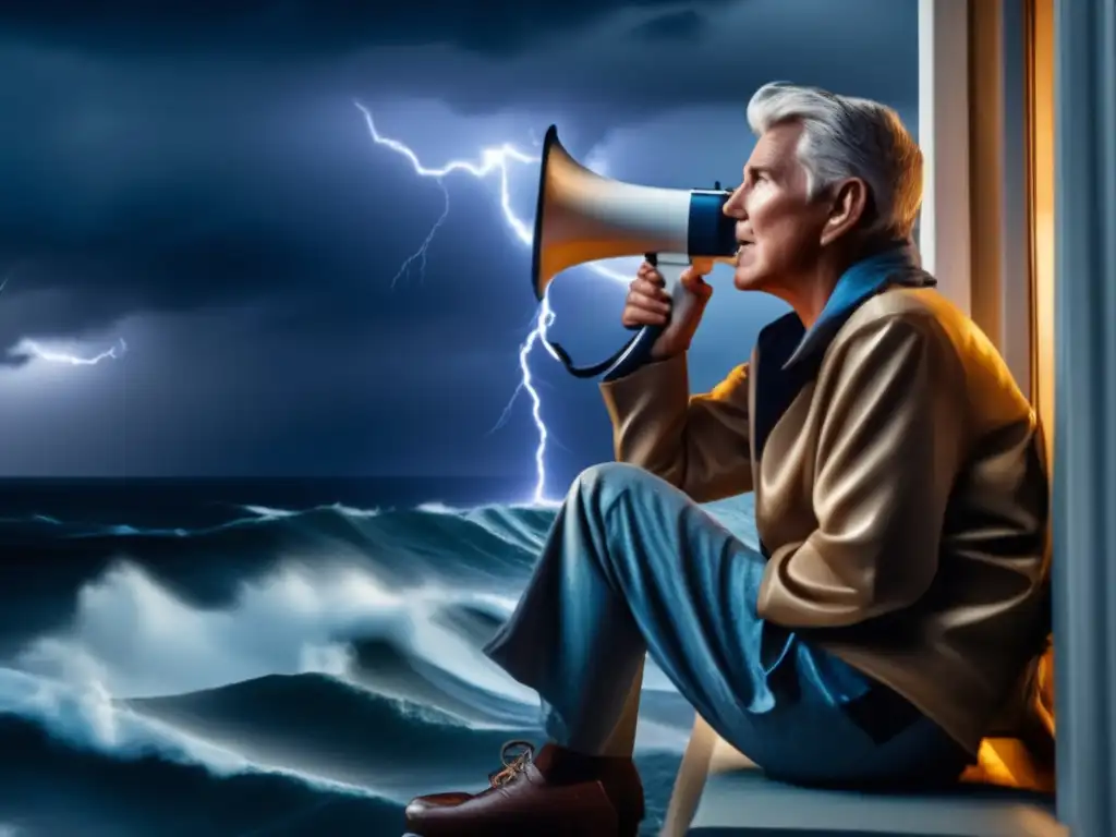 A determined teenager braves the stormy sea, holding a megaphone to ear, listening to vital updates, lightning illuminates the sky in the background