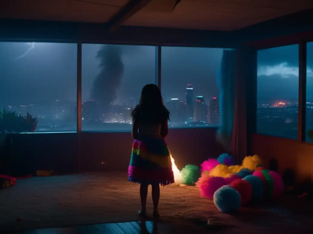 A captivating depiction of a teen girl in a stormy city, standing in front of a bright piñata