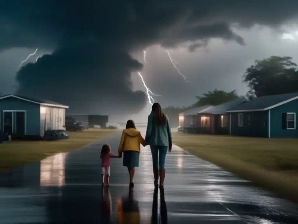 A terrified teen girl clings to her family's hand amidst howling winds and distant rain, brace for impact