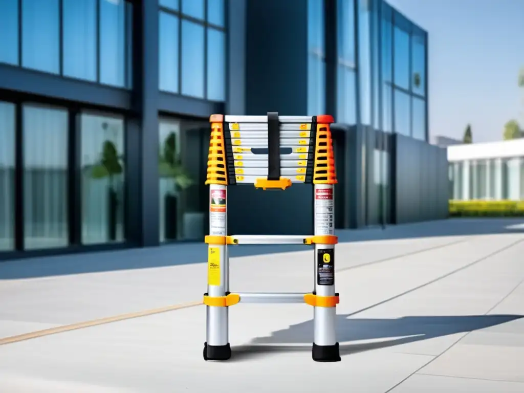 A telescopic ladder is shown in action, perfectly positioned to reach the top of a tall shelf