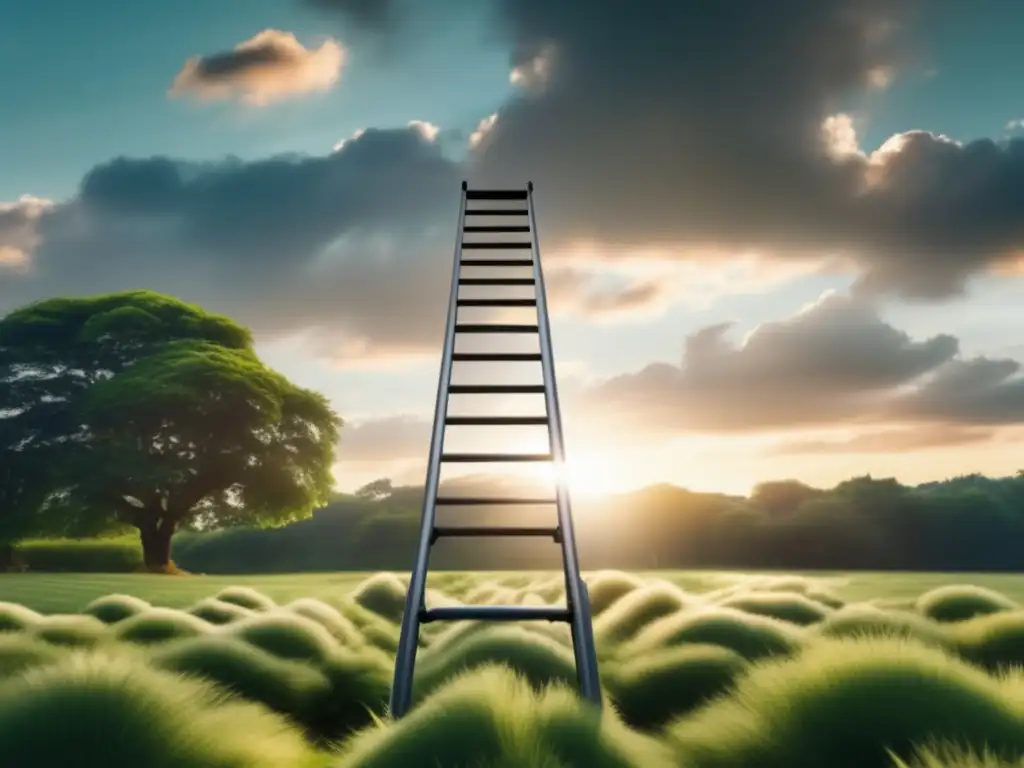   A towering cinematic-style telescopic ladder in an open field during sunrise, with metal pointers reaching towards the sky, reflecting sunlight in a dazzling flurry of fluffy clouds