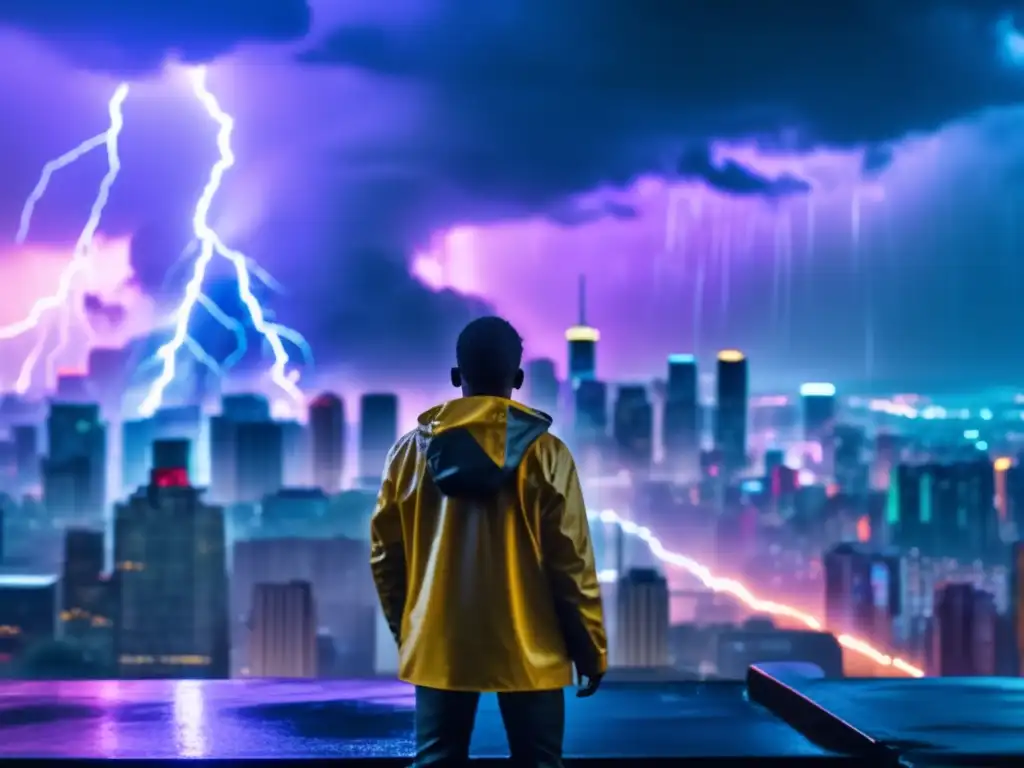 A lone figure stands defiantly amidst a chaotic, rainy storm, with a determined gaze fixed on the towering city skyline in the distance