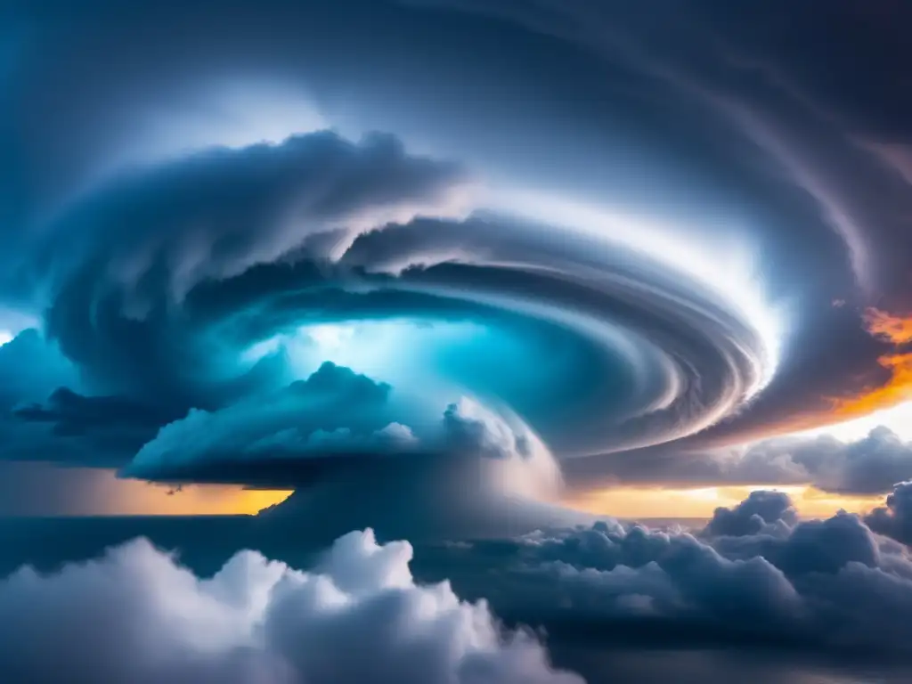 As the eye of the hurricane swirls with color and light, the stormy sky above dances in a mesmerizing vortex of motion