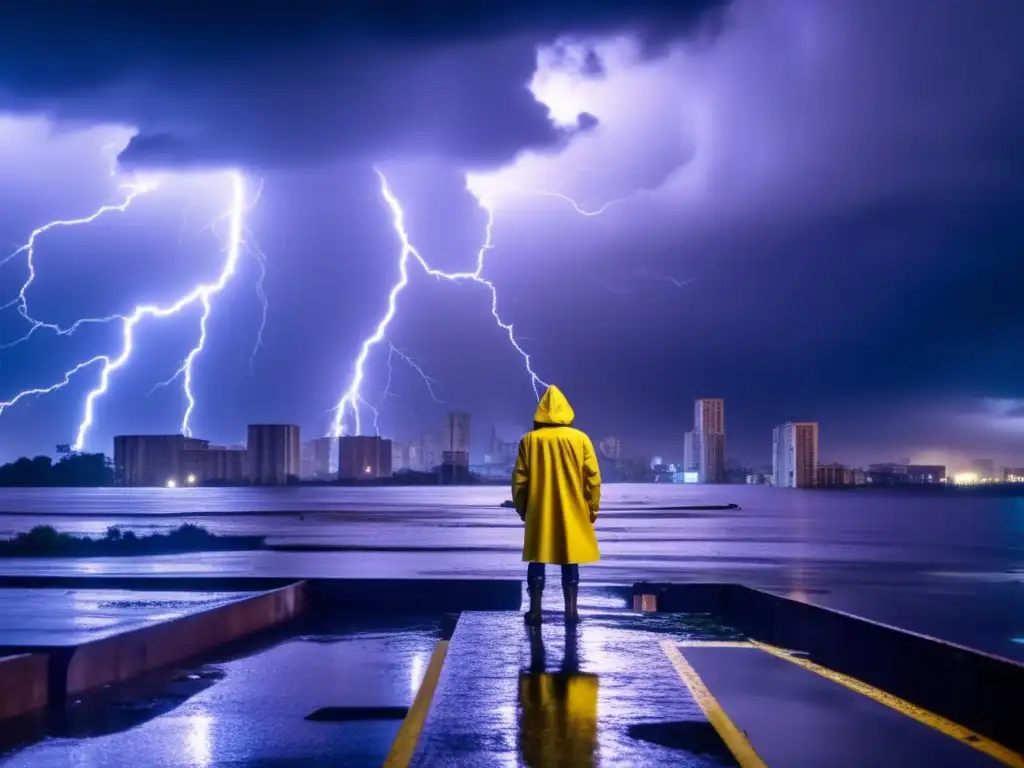 A haunting scene of a stormy night over an abandoned cityscape, with lightning illuminating the eerie landscape