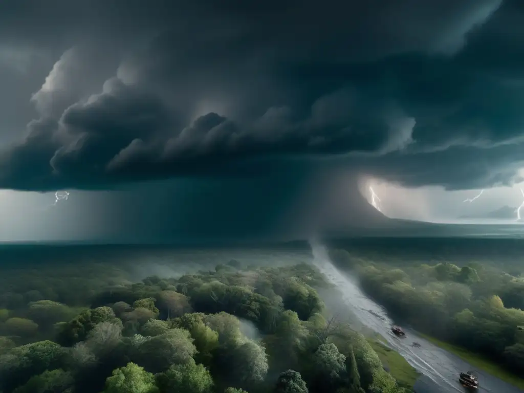 A cinematic view of the hurricane's aftermath, capturing the swaying trees and flying debris with an ominous, stormy atmosphere