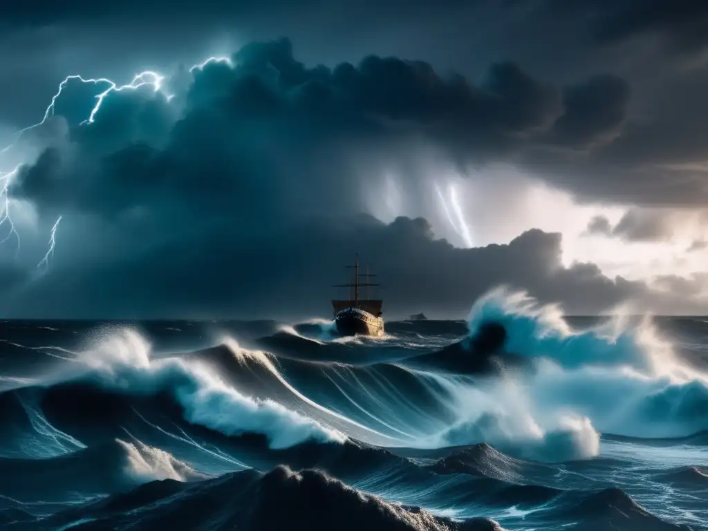 —A tempestuous sea roars with thunderous waves crashing against each other, leaving a lone ship battered and tossed in their wake