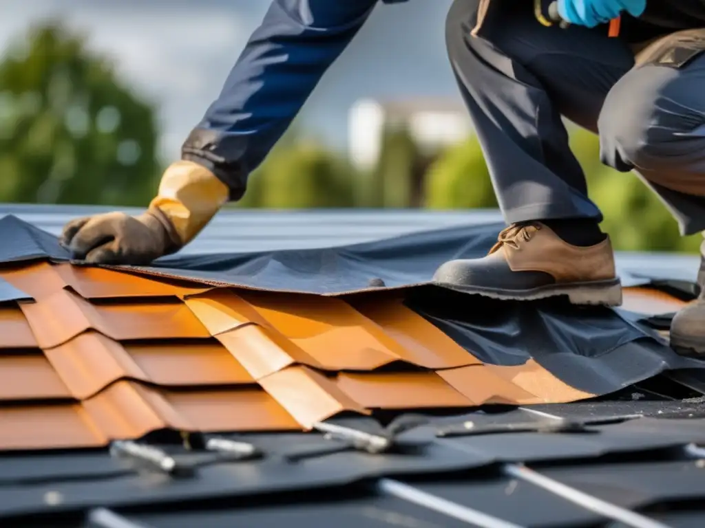 A high-resolution, detailed image of a temporary roof patch being applied to a damaged or leaking section of a roof