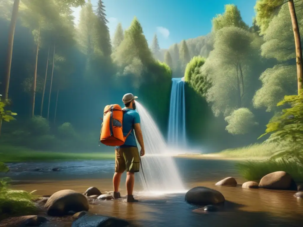 A person proudly holds a portable camping shower in one hand and a bag full of supplies in the other, surrounded by the beauty of a forest filled with trees