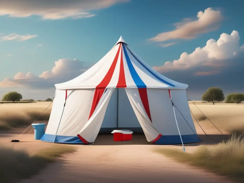 A scenic retreat: a peaceful privacy tent with a red and blue stripe amidst clear blue skies and fluffy white clouds