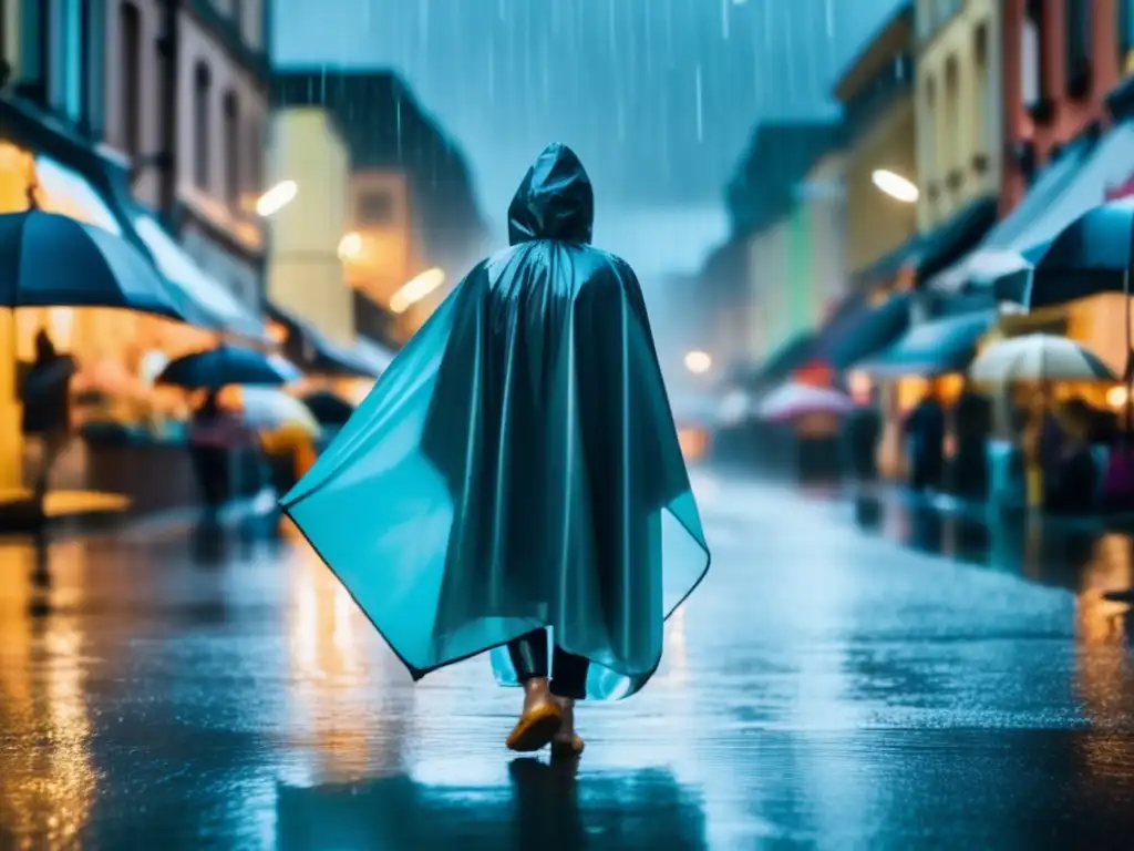 A cinematic shot of a person standing in the rain, shielded by a plastic poncho while holding onto a bag of various ponchos