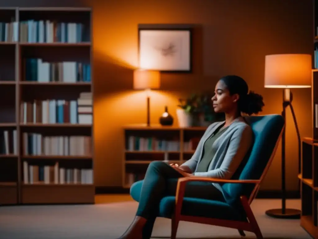 A therapy session unfolds in a dimly lit room, where a compassionate therapist sits attentively to a somber figure on a chair