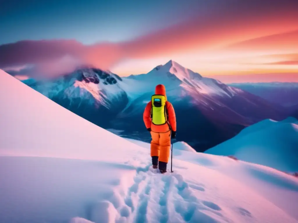 A person suited up in a snowsuit, boots, and hat, cautiously holds a thermal imaging camera towards the snow-capped peaks of a mountain landscape