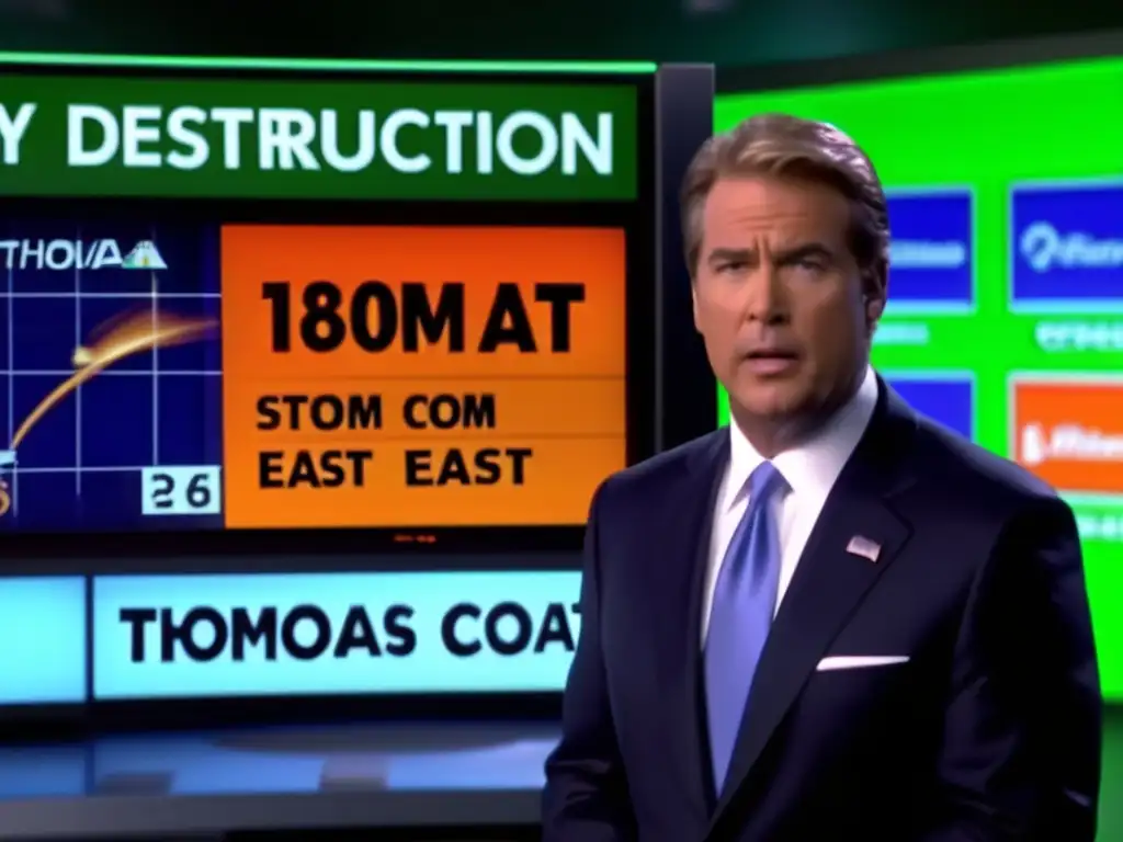 A Thomas Republic T304 NOAA Storm Tactical Handheld Severe Weather Alert System glows orange in front of the green screen, as the news anchor delivers updates on the impending Category 6 Hurricane heading towards the East Coast, amidst imminent destruction to the nearby village, with buildings already flooded and destroyed