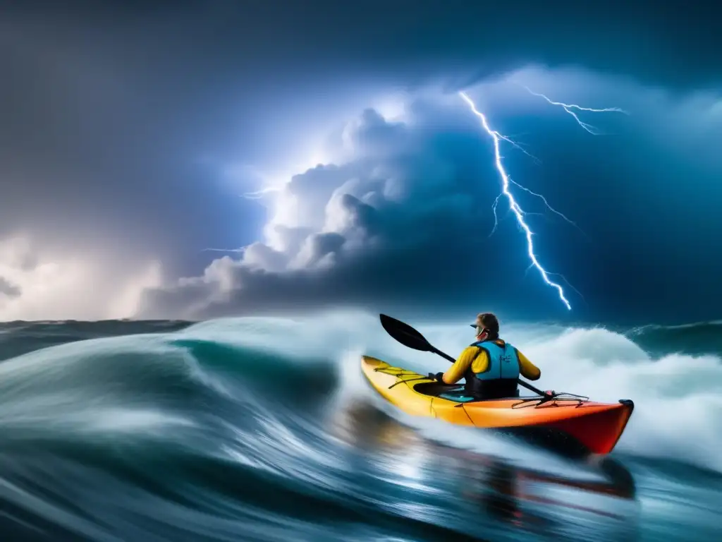 A powerful hurricane rages as a determined kayaker braves the raging waves in their watercraft