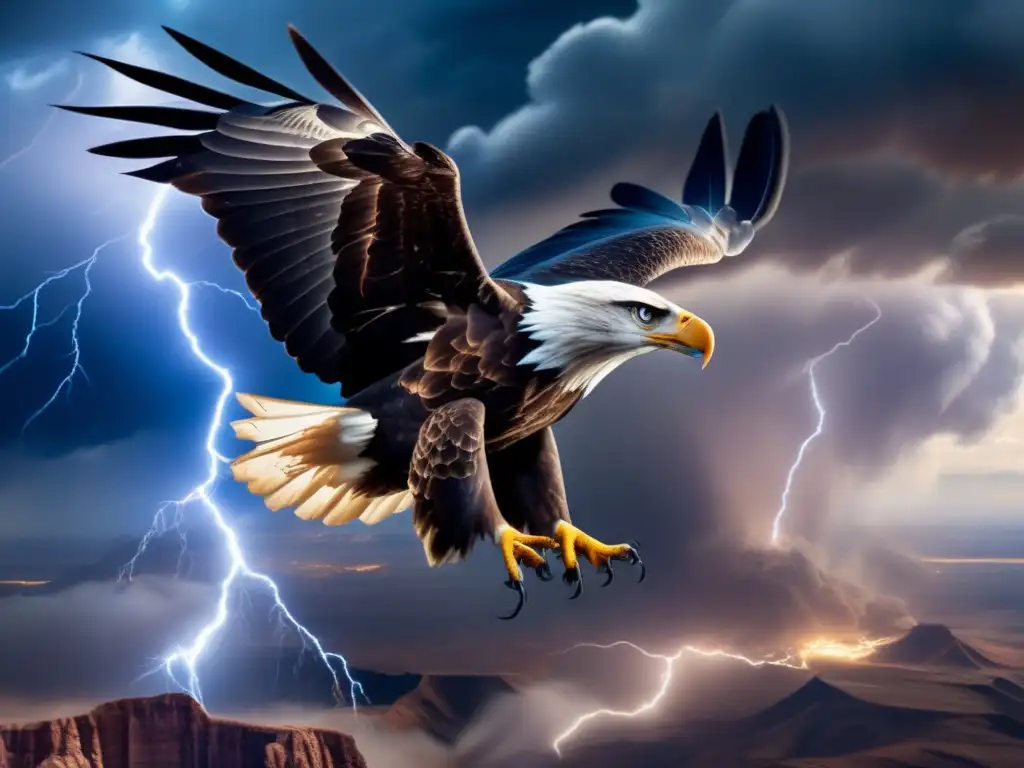 An eagle fearlessly soars through ominous clouds, lightning illuminating the stark desert landscape below