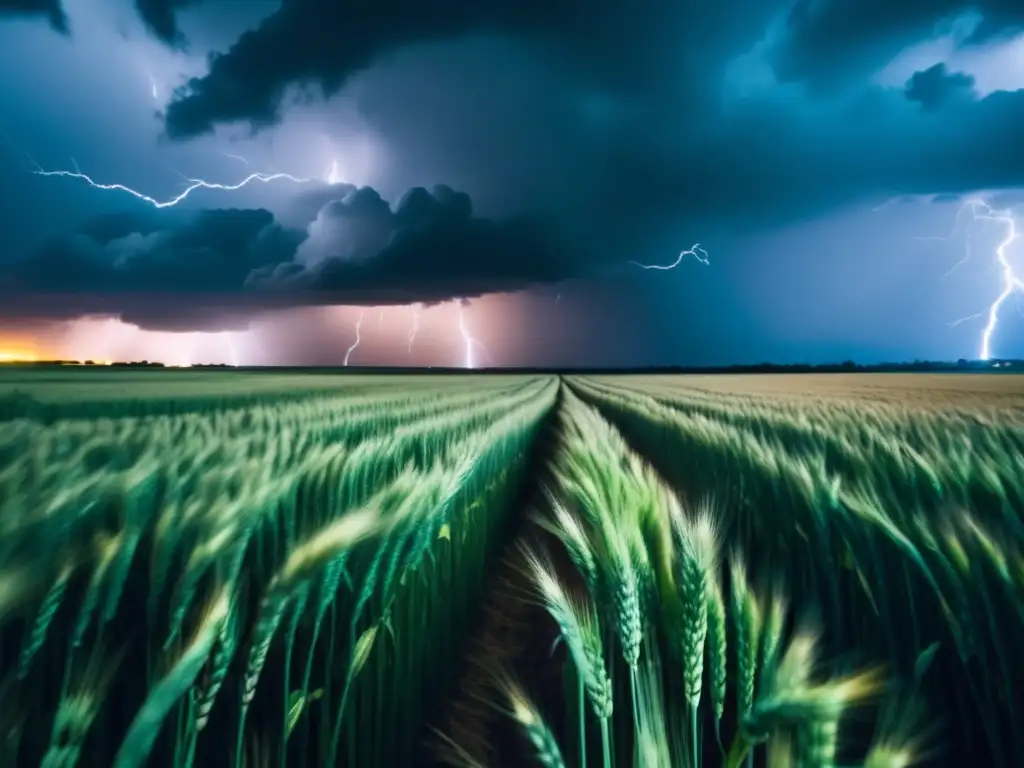 A mesmerizing photograph of a wheat field in turmoil during a severe thunderstorm