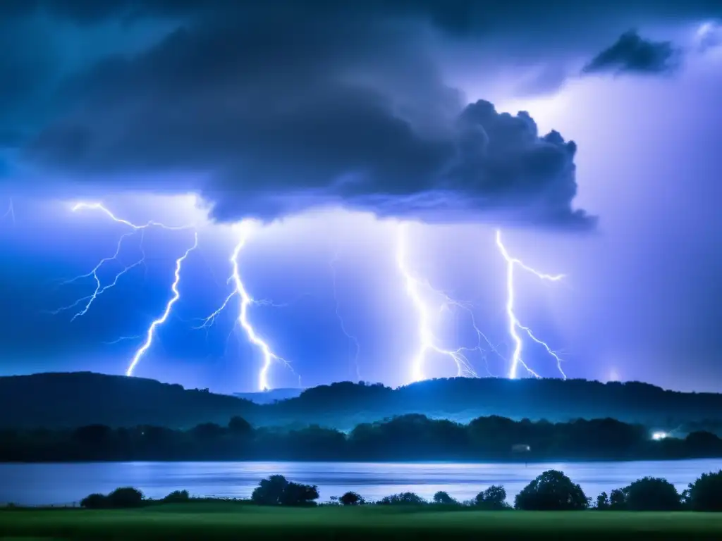 A cinematic and captivating image of a thunderstorm, showcasing a dark and ominous sky, lightning strikes, and heavy rain