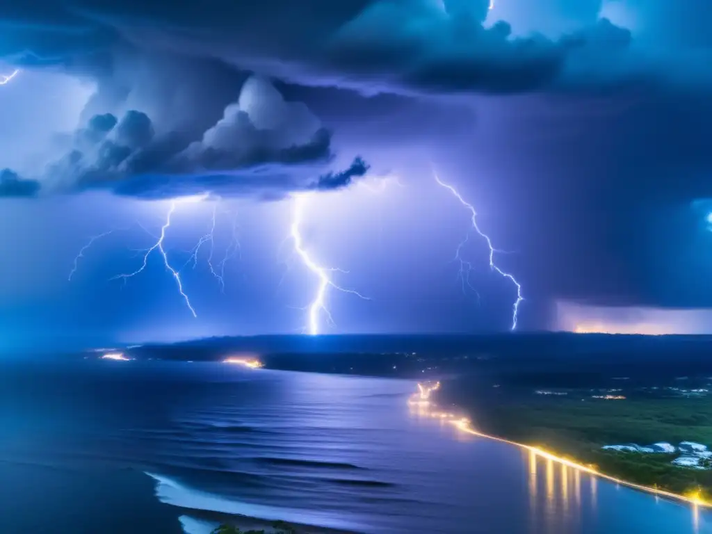 A fearsome aerial shot of a thunderstorm, with lightning strikes casting an eerie glow on the surrounding landscape