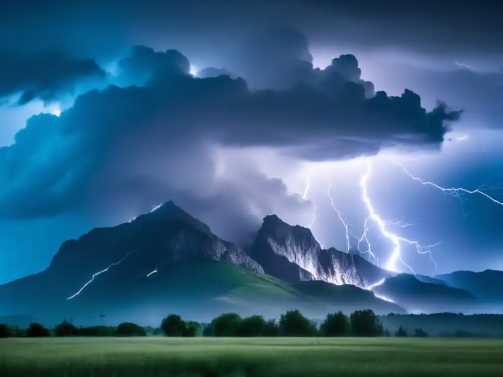 In the midst of a severe thunderstorm, lightning illuminates the clouds and rain pours down in torrents